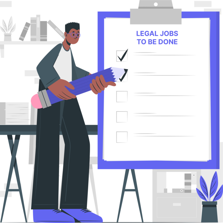 Man standing with a pencil in hand, marking off a box on a large notepad with a checklist titled "LEGAL JOB TO BE DONE".